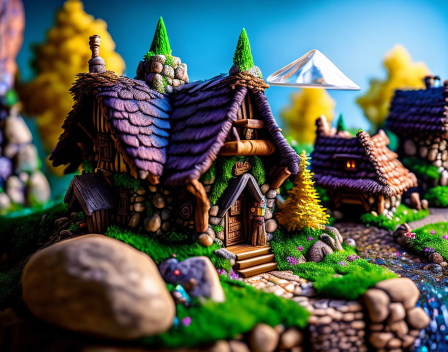 Detailed miniature fantasy village with vibrant foliage and paper airplane in blue sky