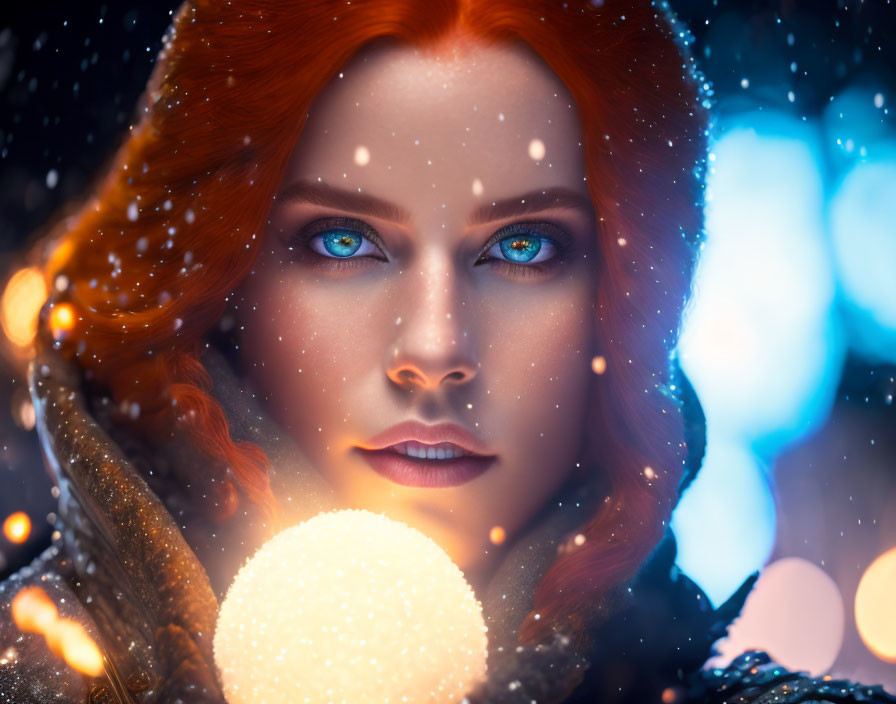 Red-haired woman with radiant blue eyes holding glowing orb in snowy backdrop