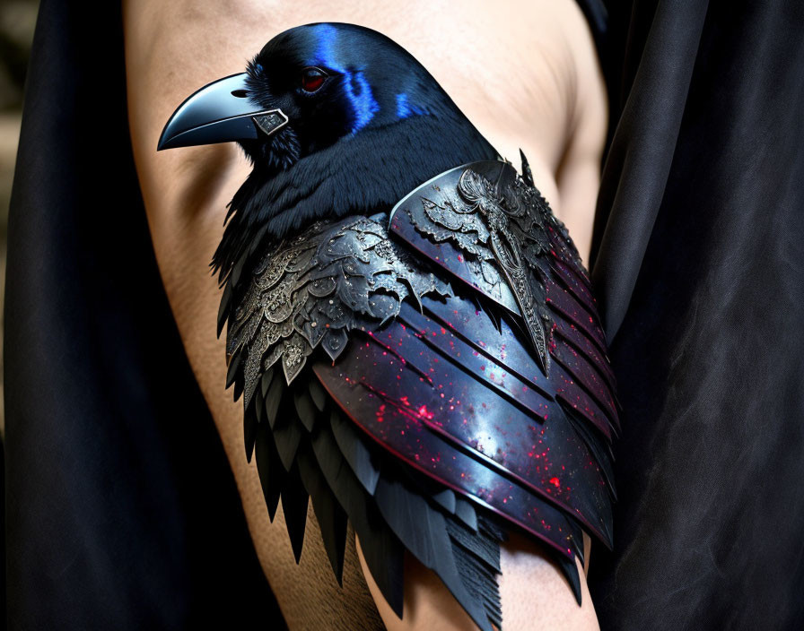 Metallic-winged raven perched on draped arm, vibrant blue eyes and artistic details.