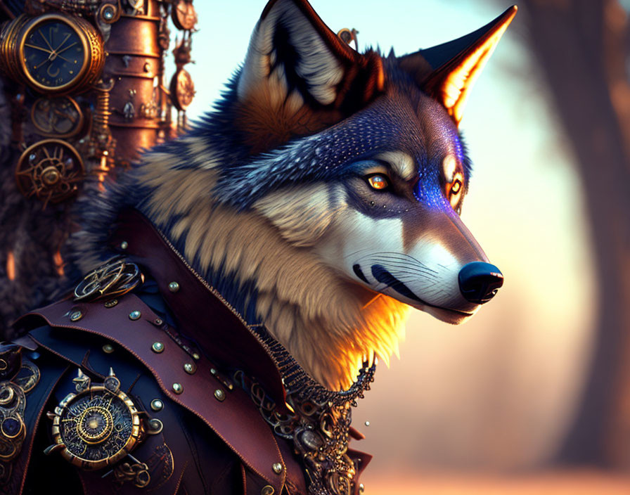 Anthropomorphic wolf in ornate armor with clock and mechanical elements against blurred natural background