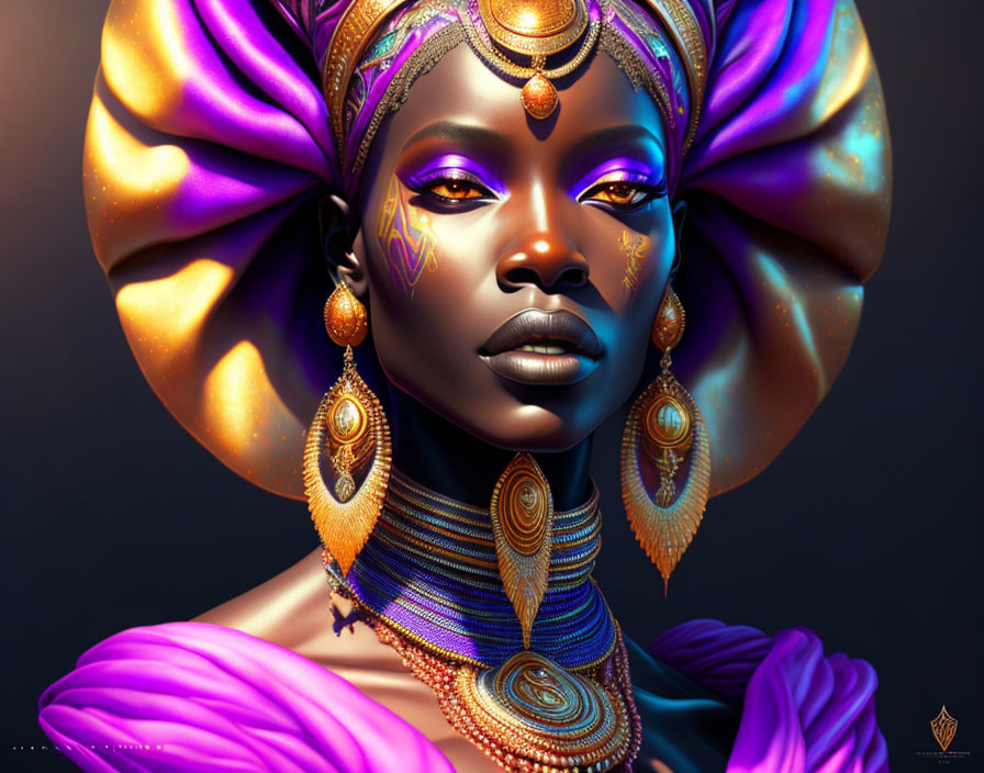 Woman in regal purple and gold attire with striking makeup