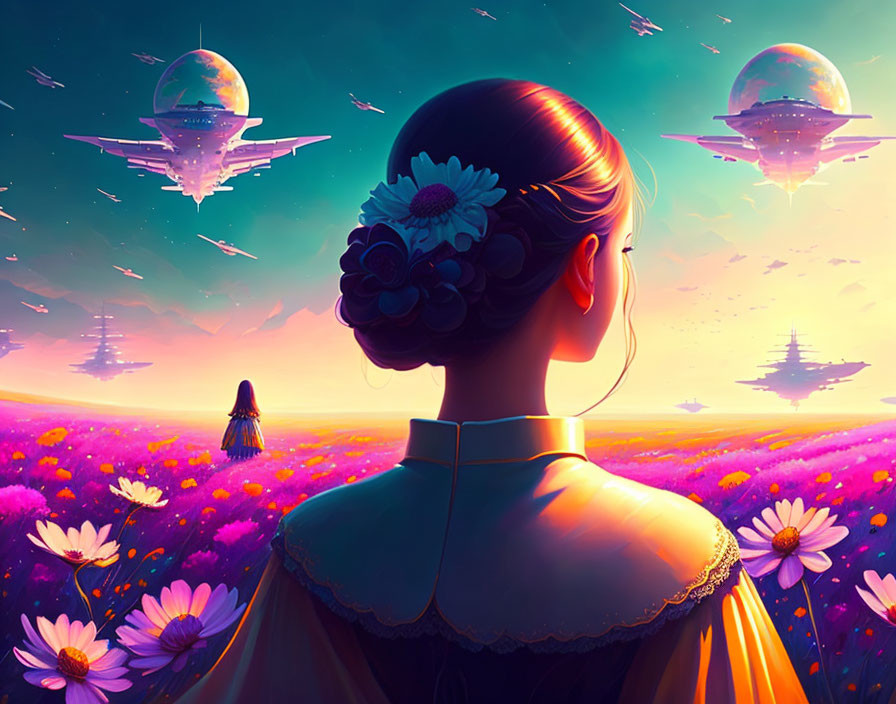 Woman observing surreal landscape with purple fields, floating ships, and exotic planets