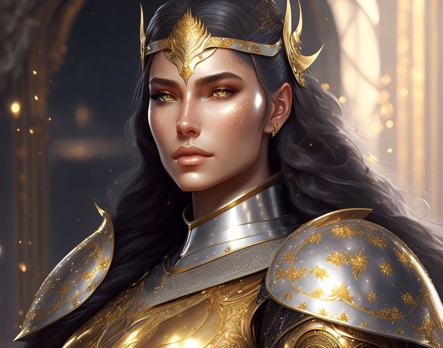 Golden-armored fantasy warrior woman with crown in regal pose.