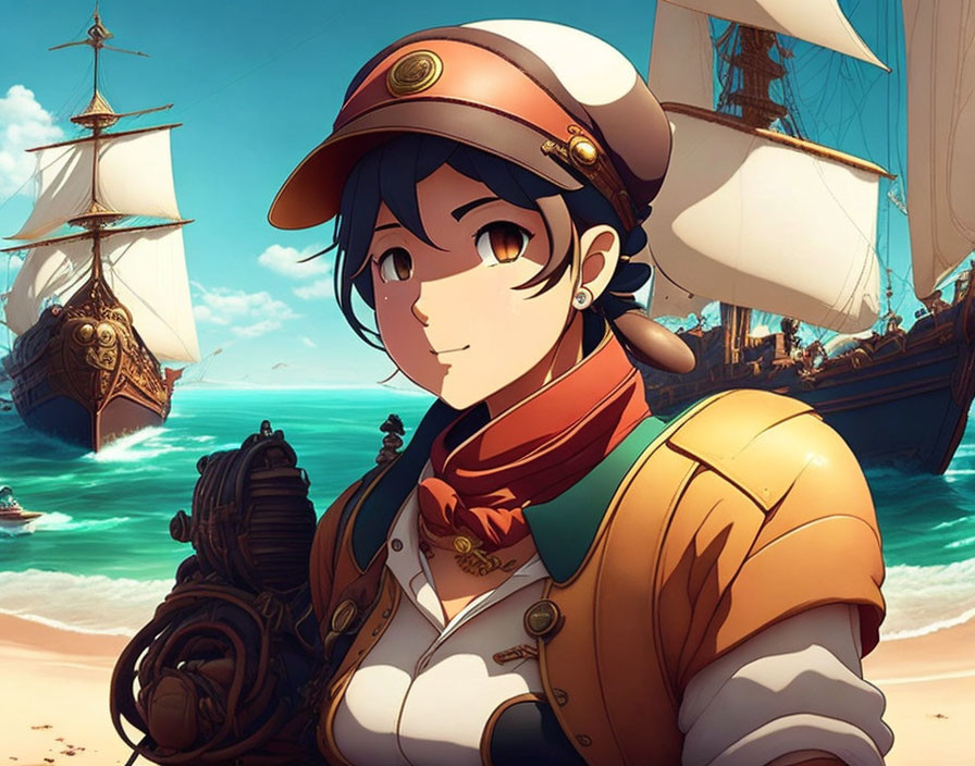 Black-Haired Animated Character in Captain's Hat with Sailing Ships on Sunny Ocean