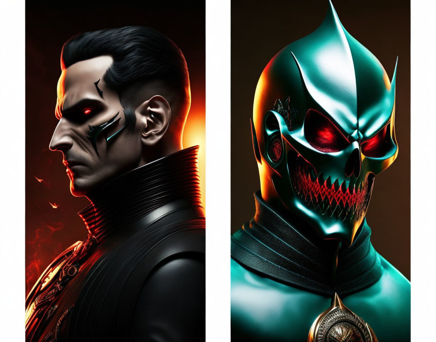 Split-image featuring stylized characters with slicked-back hair and facial markings, and another with a turquoise