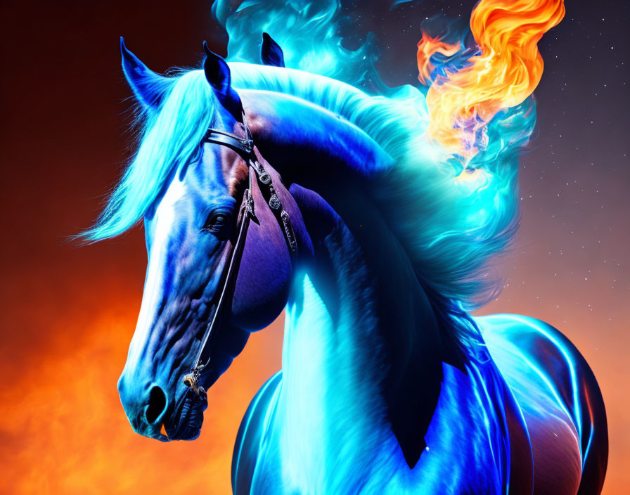 Vividly colored horse with blue coat and orange mane on orange and blue background