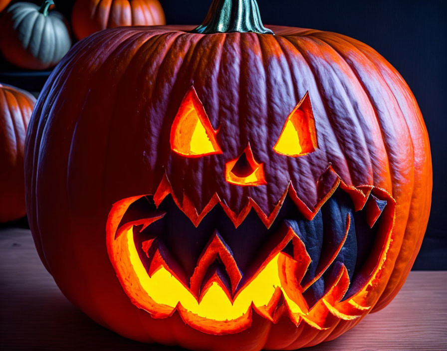 Menacing Jack-o'-lantern with Glowing Face Amid Pumpkins