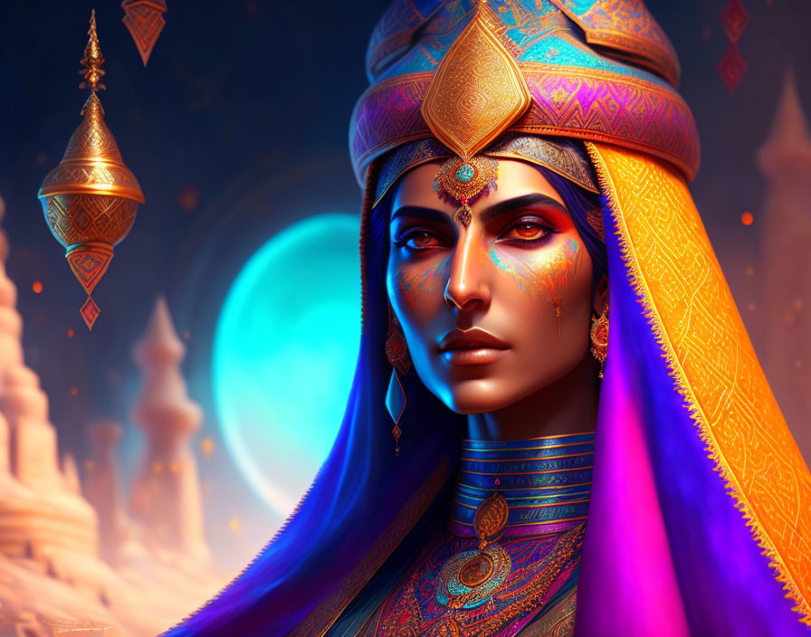 Colorful digital artwork: Woman with blue skin in ornate headdress against mystical architecture.