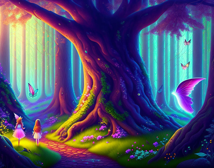 Enormous tree and fairies in whimsical forest scene