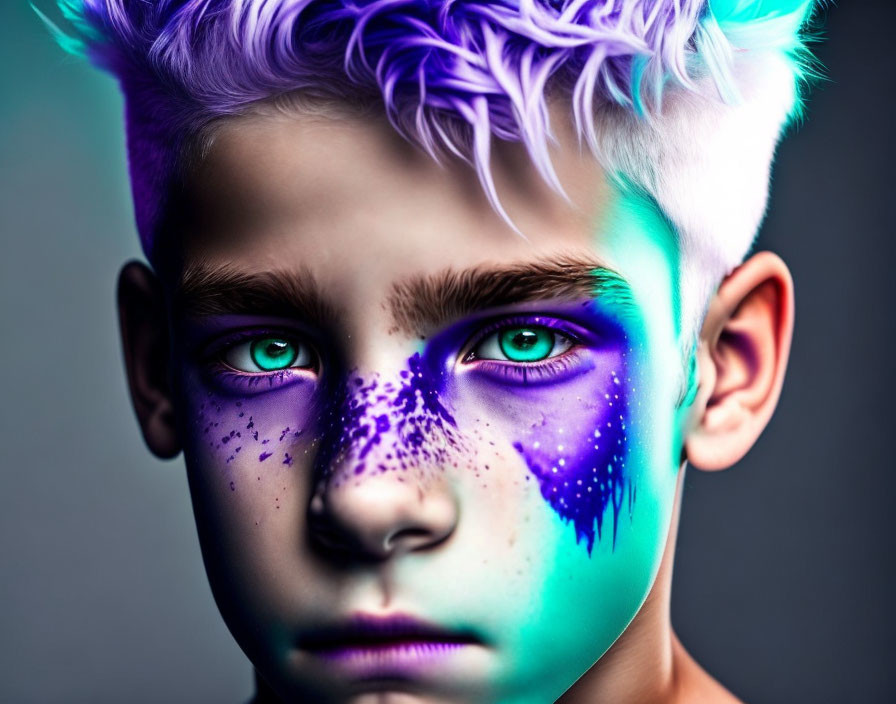 Young boy with purple and blue face paint on dark background