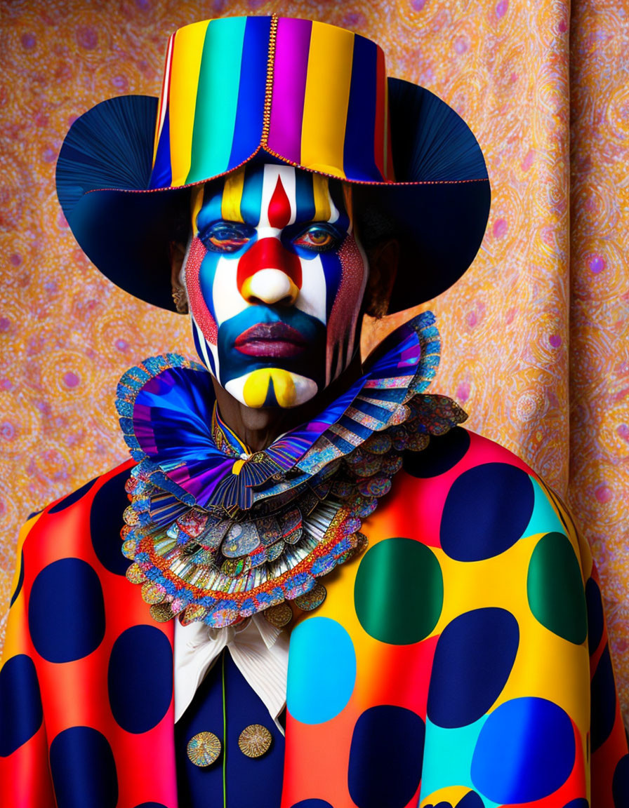 Colorful Clown in Polka Dot Costume and Striped Hat on Patterned Background