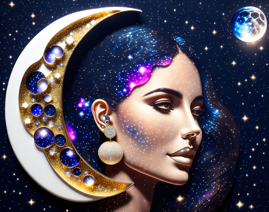 Cosmic-themed digital artwork featuring woman merging with crescent moon and planet