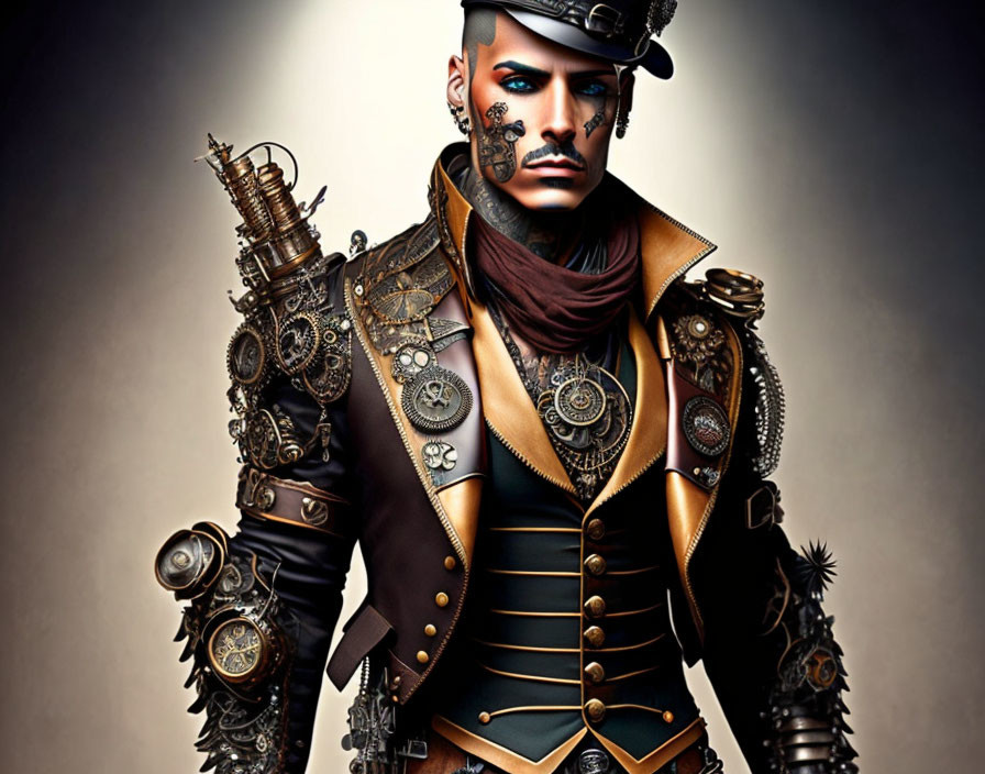 Steampunk-themed person in intricate outfit with mechanical arm enhancements