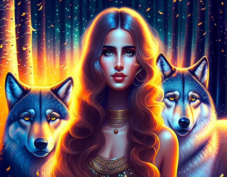 Digital Artwork: Woman with Wolves in Cosmic Setting