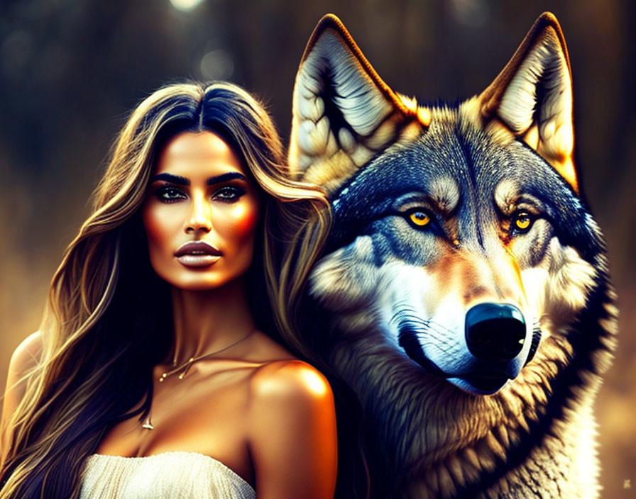 Digital artwork: Woman's face merges with wolf, intense eyes, autumn forest backdrop