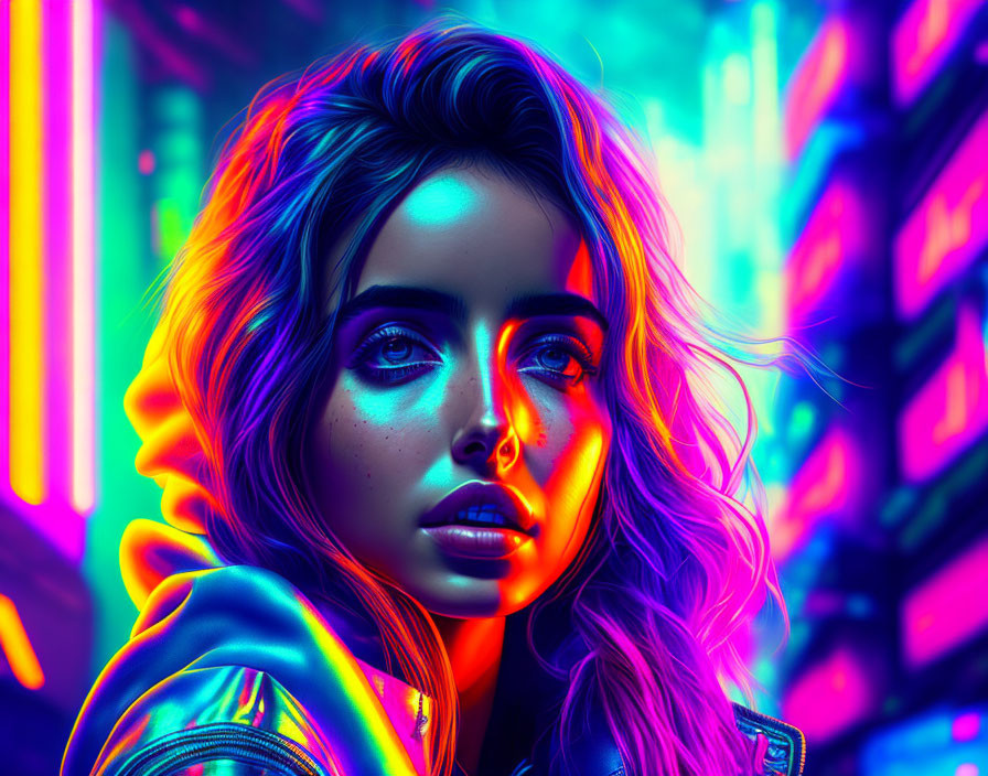 Vibrant digital portrait of a woman with wavy hair and striking eyes illuminated by neon lights