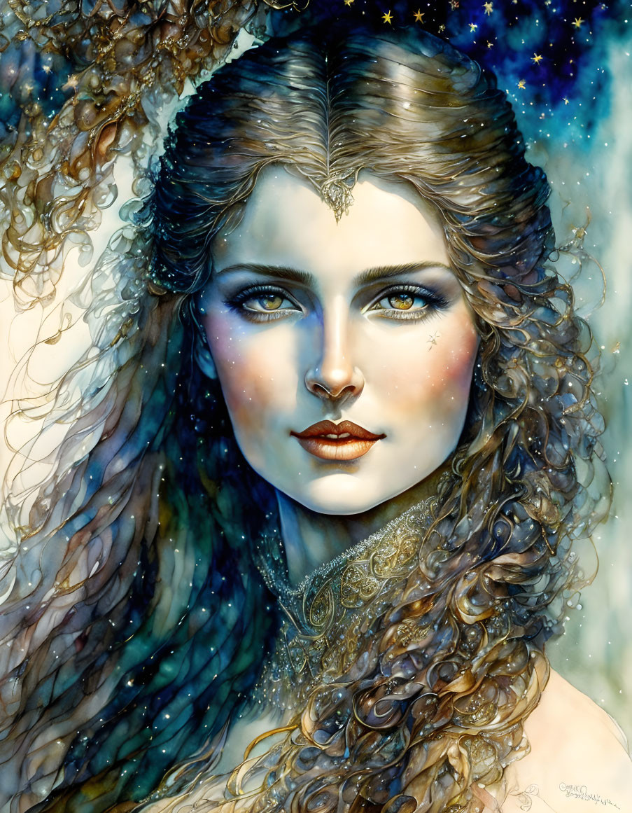 Detailed Artwork: Woman with Long, Curly Hair in Cosmic Setting