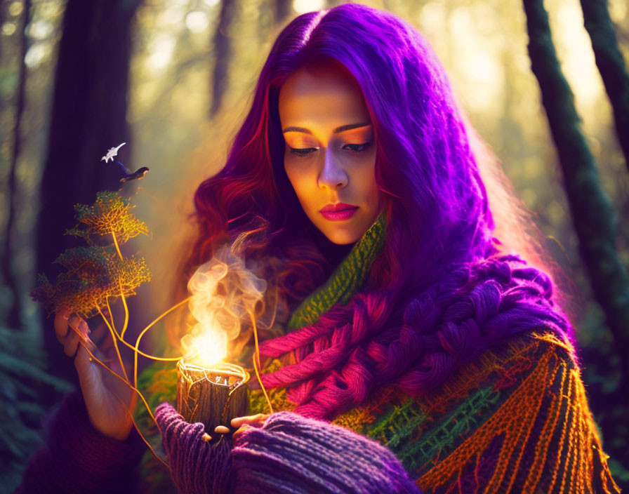 Woman with Purple Hair Holding Cup in Mystical Forest Under Sunlight