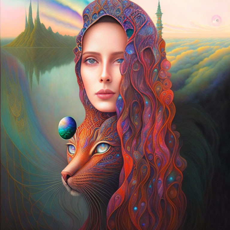 Surreal portrait blending woman's face with vibrant hues and patterns into majestic cat on mystical landscape.