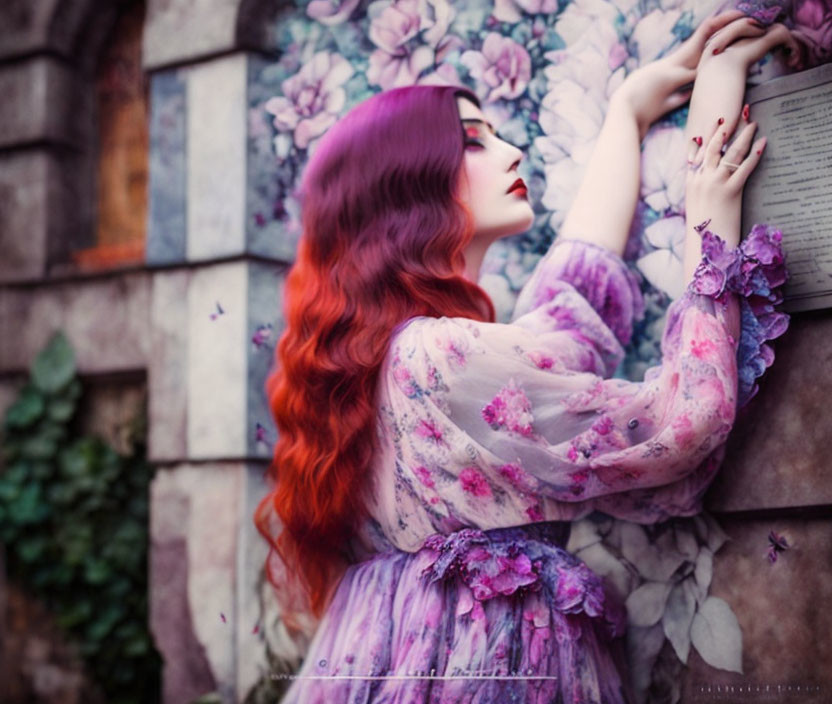 Red-haired woman in purple floral dress reading book against flower wall