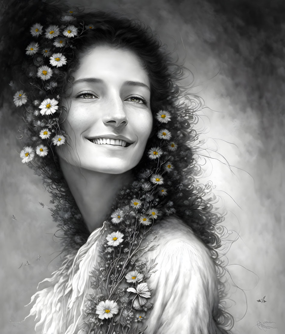 Smiling woman with daisies in monochrome portrait