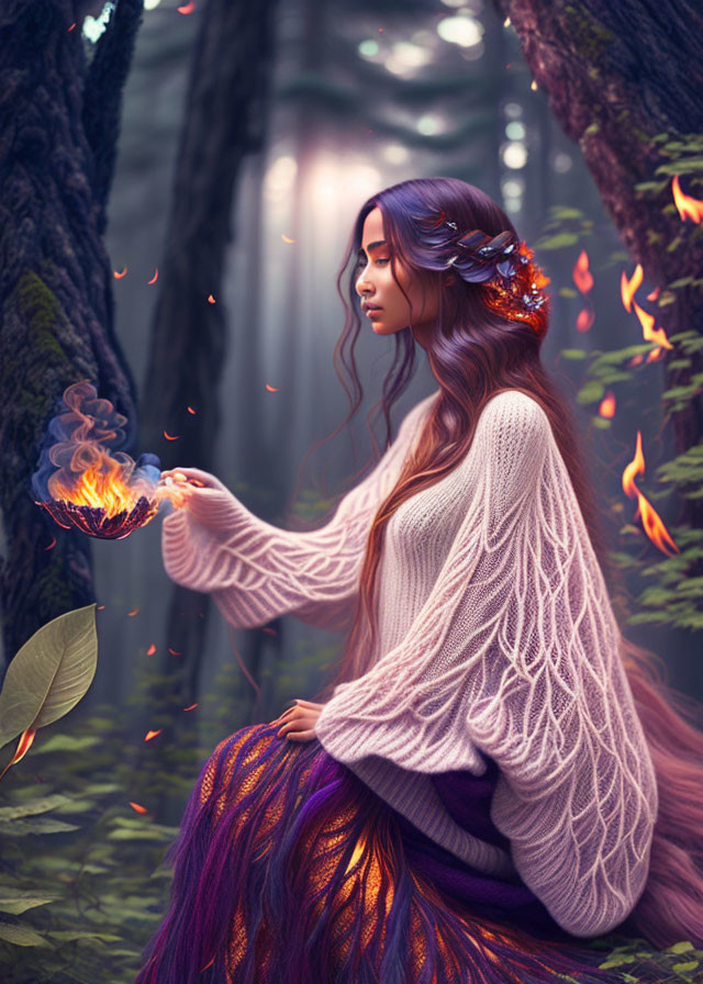 Woman with Long Hair Holding Flame in Mystical Forest Setting