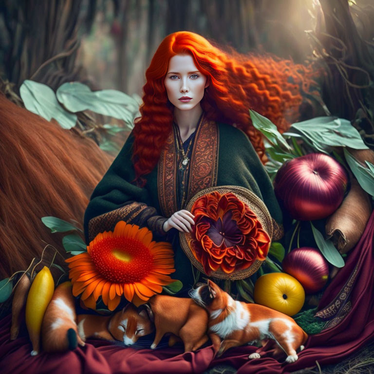 Red-haired woman in green cloak with corgi and fruits in forest scene