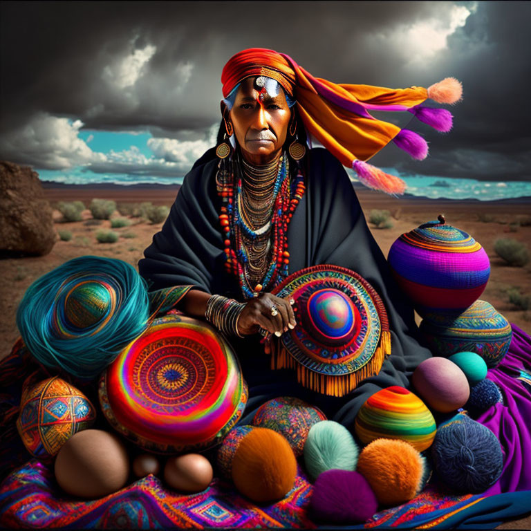 Woman in traditional attire surrounded by colorful baskets and yarn balls in desert setting