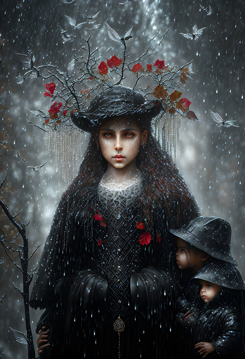 Woman with branch hat and red flowers in snow with two children in ornate black clothes