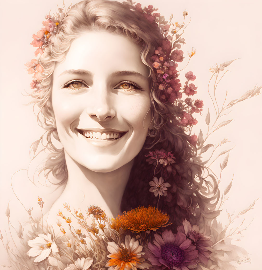 Smiling Woman with Flowers in Warm Colors