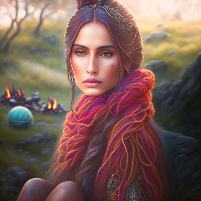 Regal woman with red braided hair in earthy attire by outdoor fire