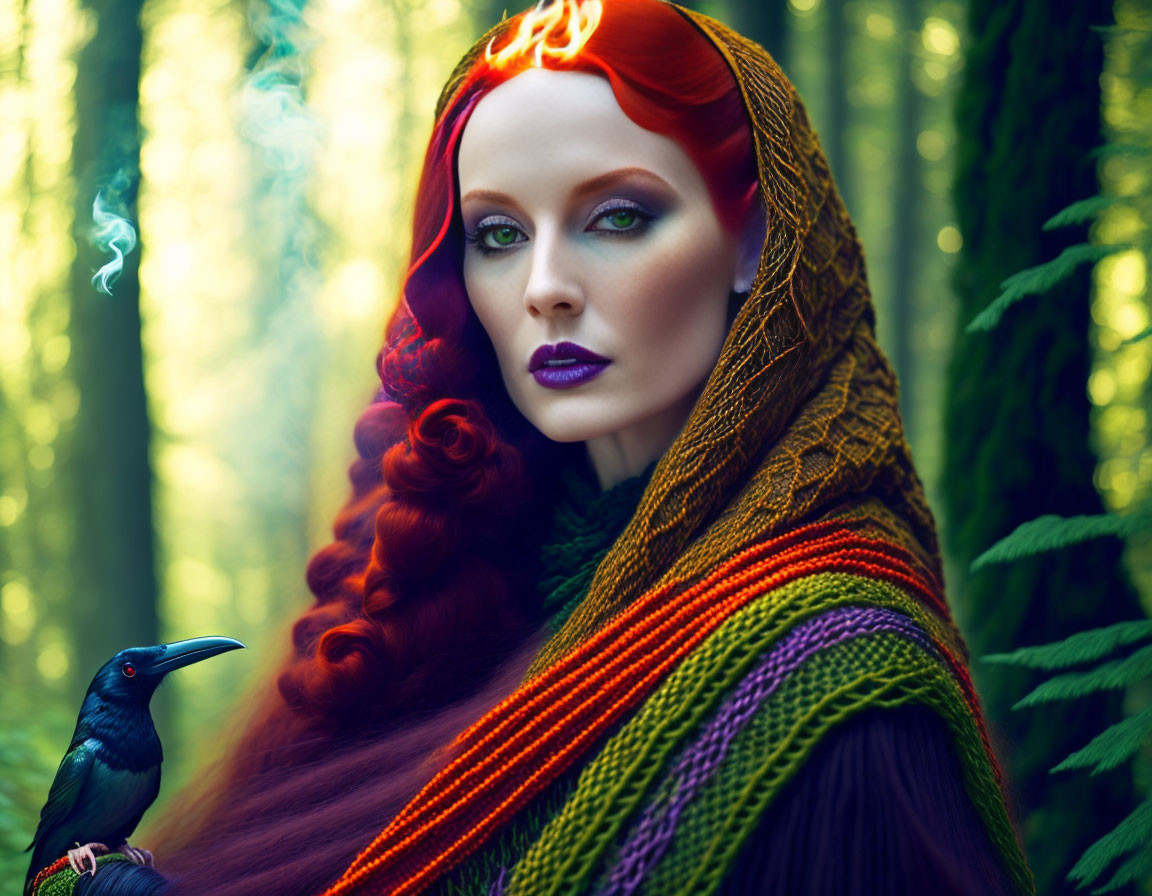 Vibrant red-haired woman with striking makeup in colorful shawl in mystical forest with raven