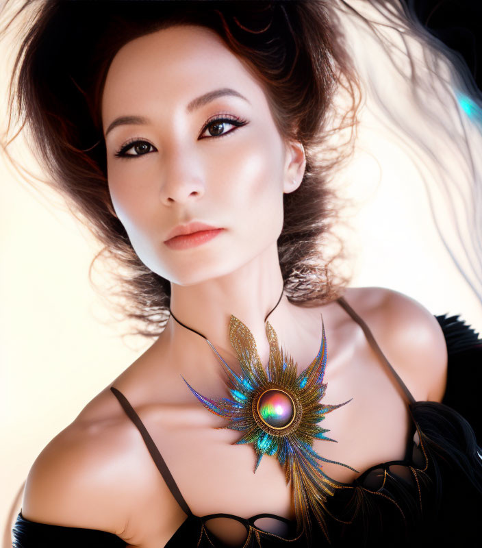 Woman with peacock feather necklace and dark hair in soft-lit setting