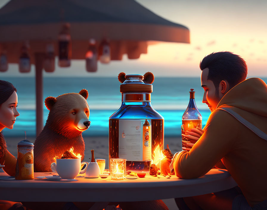 Two individuals and a bear by a beach bonfire at sunset.