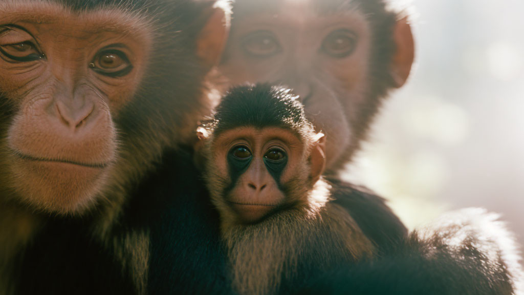 Two solemn monkeys, one baby, close together in soft backlight.