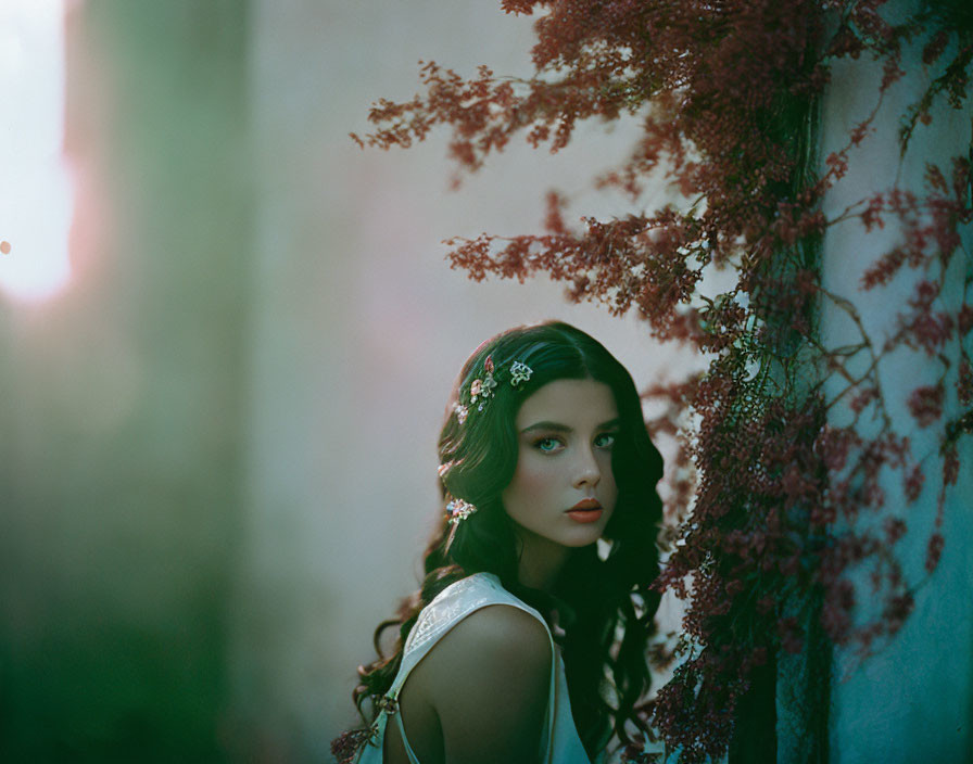 Dark-haired woman with flower-adorned hair gazes away, framed by red leaves.