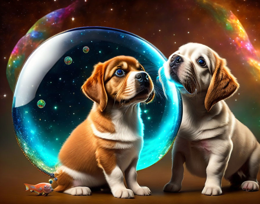 Adorable puppies gazing at glowing space portal with fish.