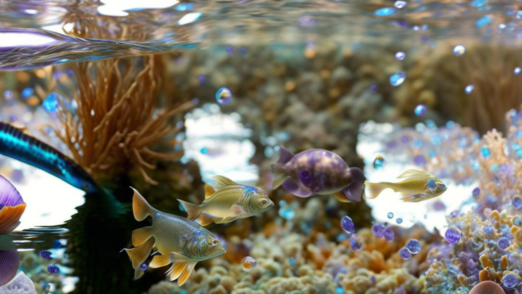 Colorful Tropical Fish in Coral Reef with Rising Bubbles