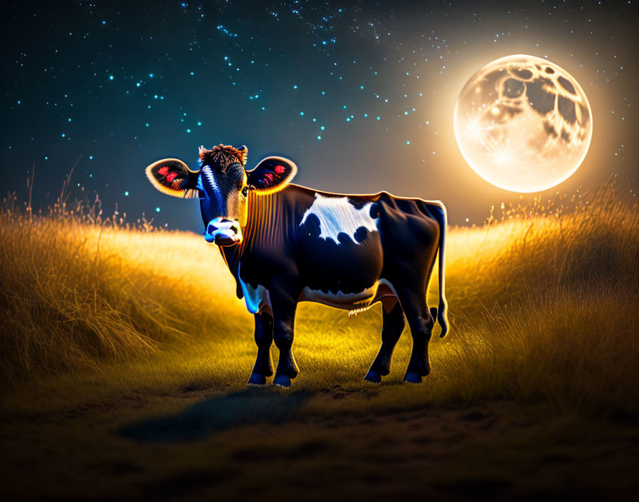 Luminous Outlined Cow in Night Field with Moon & Stars