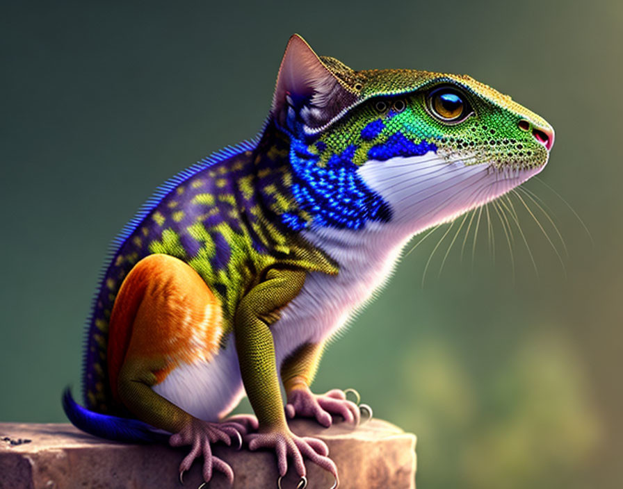 Digital artwork: Lizard and cat blend in vibrant colors