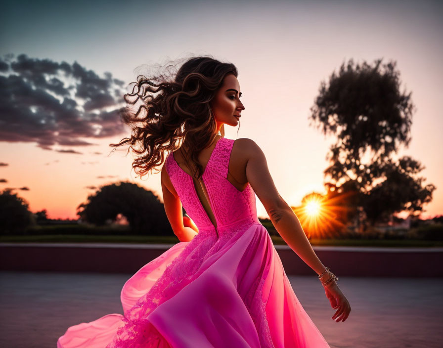 Woman in Pink Dress Twirling at Sunset