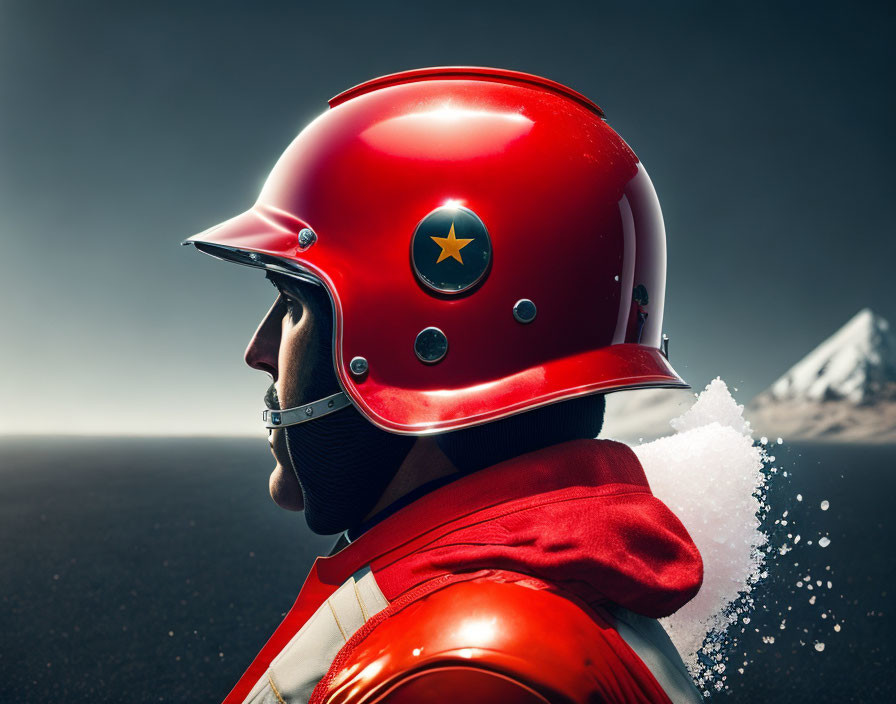 Red retro-futuristic helmet with star emblem on person in desolate landscape