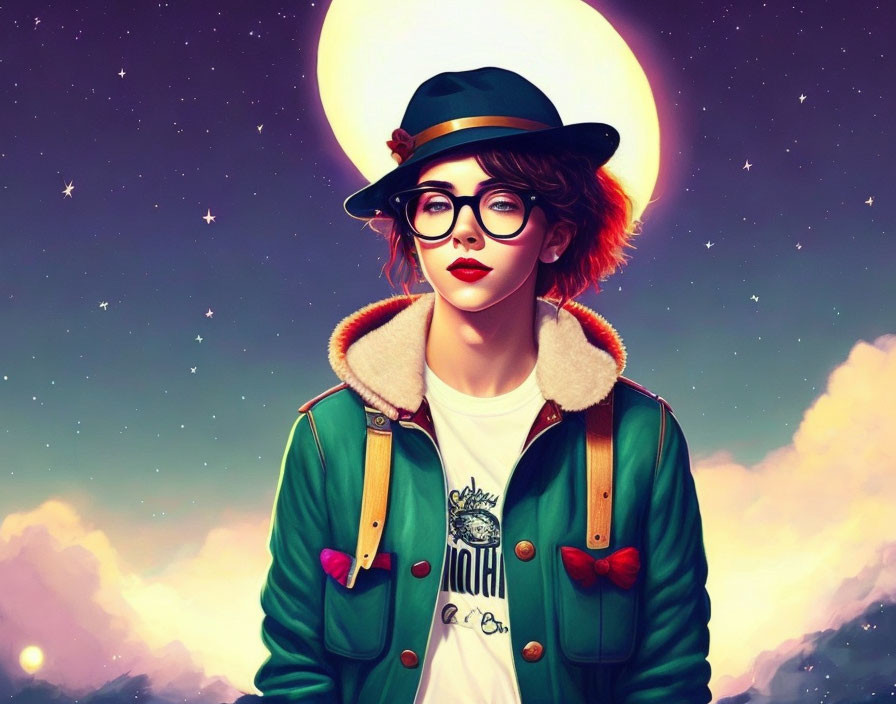 Stylish person with red hair in green jacket, hat, glasses & moon/stars background