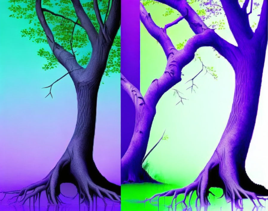 Digitally altered image of two trees in surreal colors