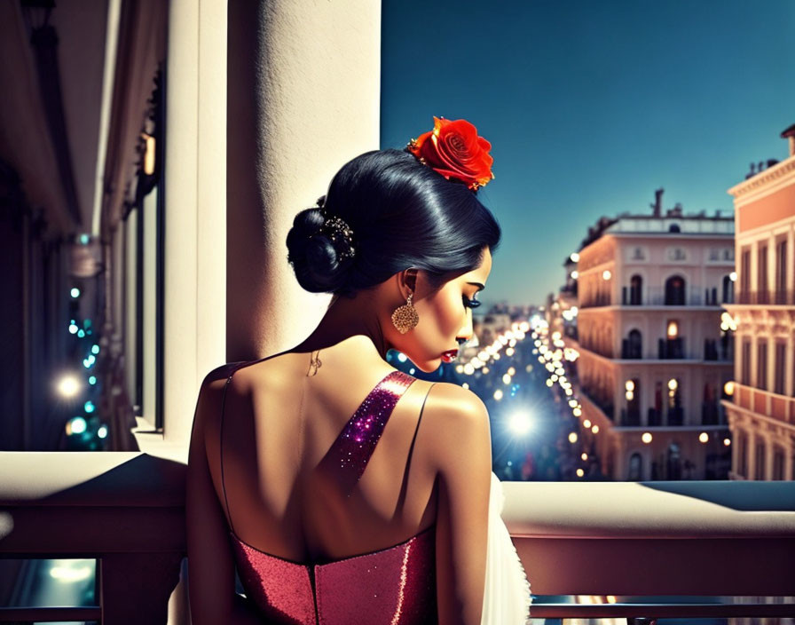 Woman with red flower in hair overlooking cityscape at twilight