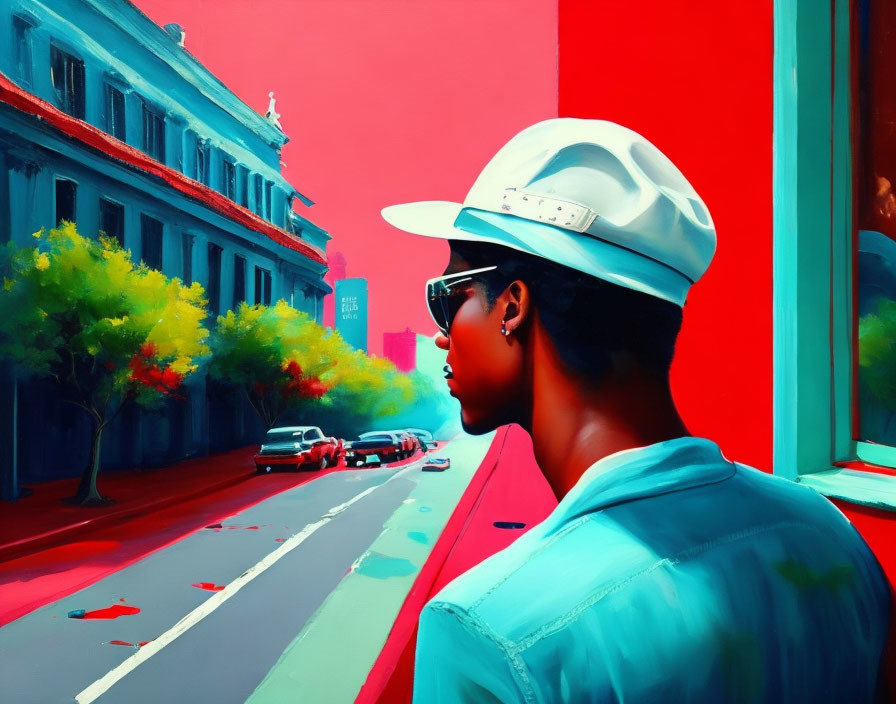 Fashionable person in sunglasses and white hat on vibrant street with red hues and colorful trees.