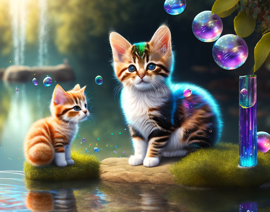 Adorable kittens by stream with colorful bubbles and waterfall