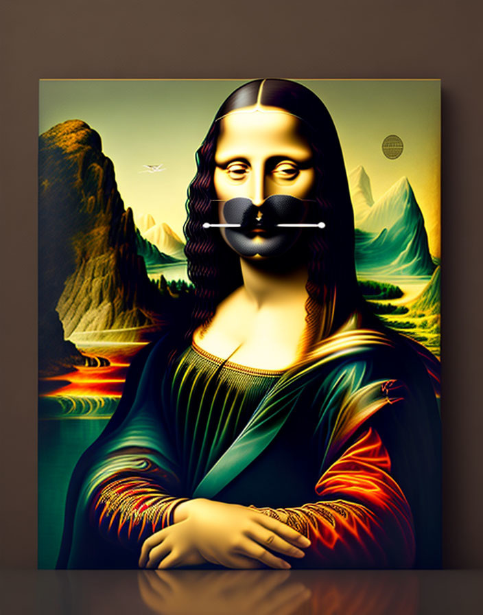 Colorful Surrealist Mona Lisa with Exaggerated Features in Mountain Landscape