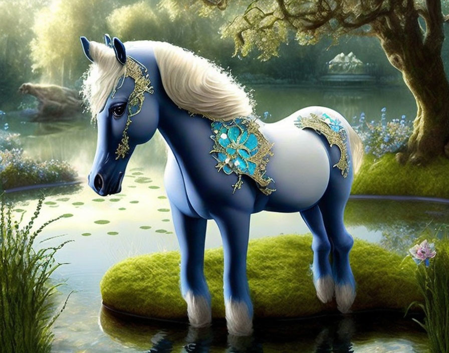 Blue horse with gold accessories in magical forest by pond