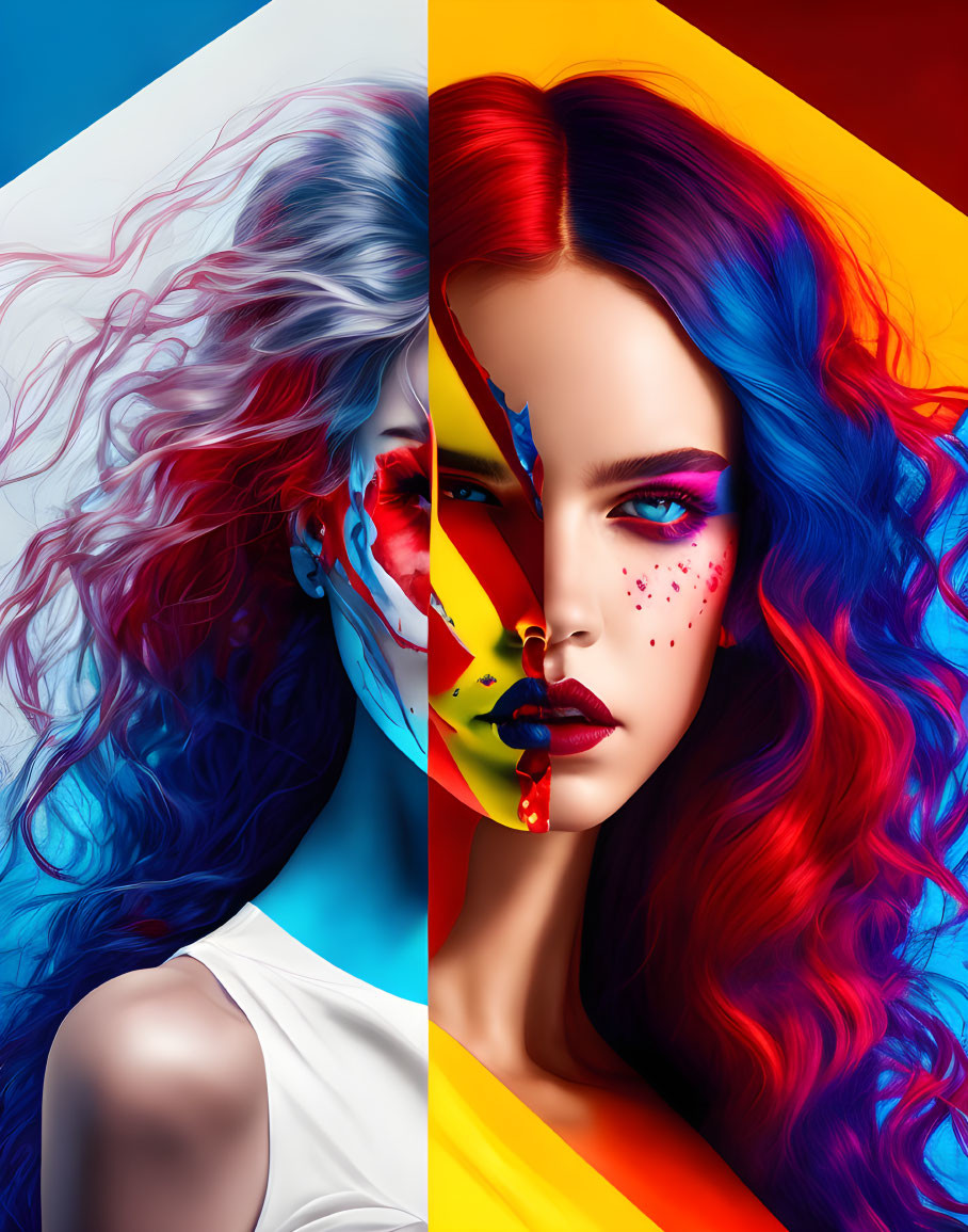 Split-image of woman with natural and artistic makeup, white/blue and red/blue hair.